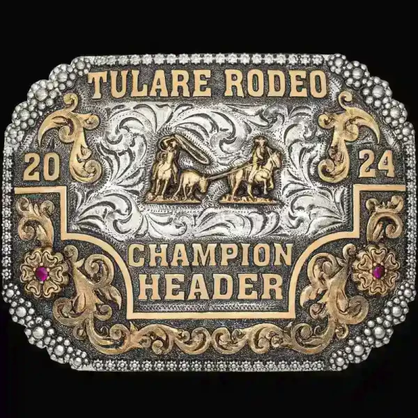 The Rainier Custom Belt Buckle is a show stopper for any cowboy or cowgirl outfit! 
Detailed with silver berry edge and bronze scrollwork. Personalize this hand engraved buckle now!